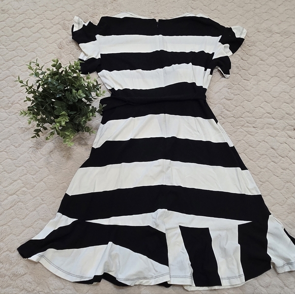 LOFT Black & White Striped Flutter Sleeve Belted Ruffle Dress, Size 6 Petites - Picture 6 of 9